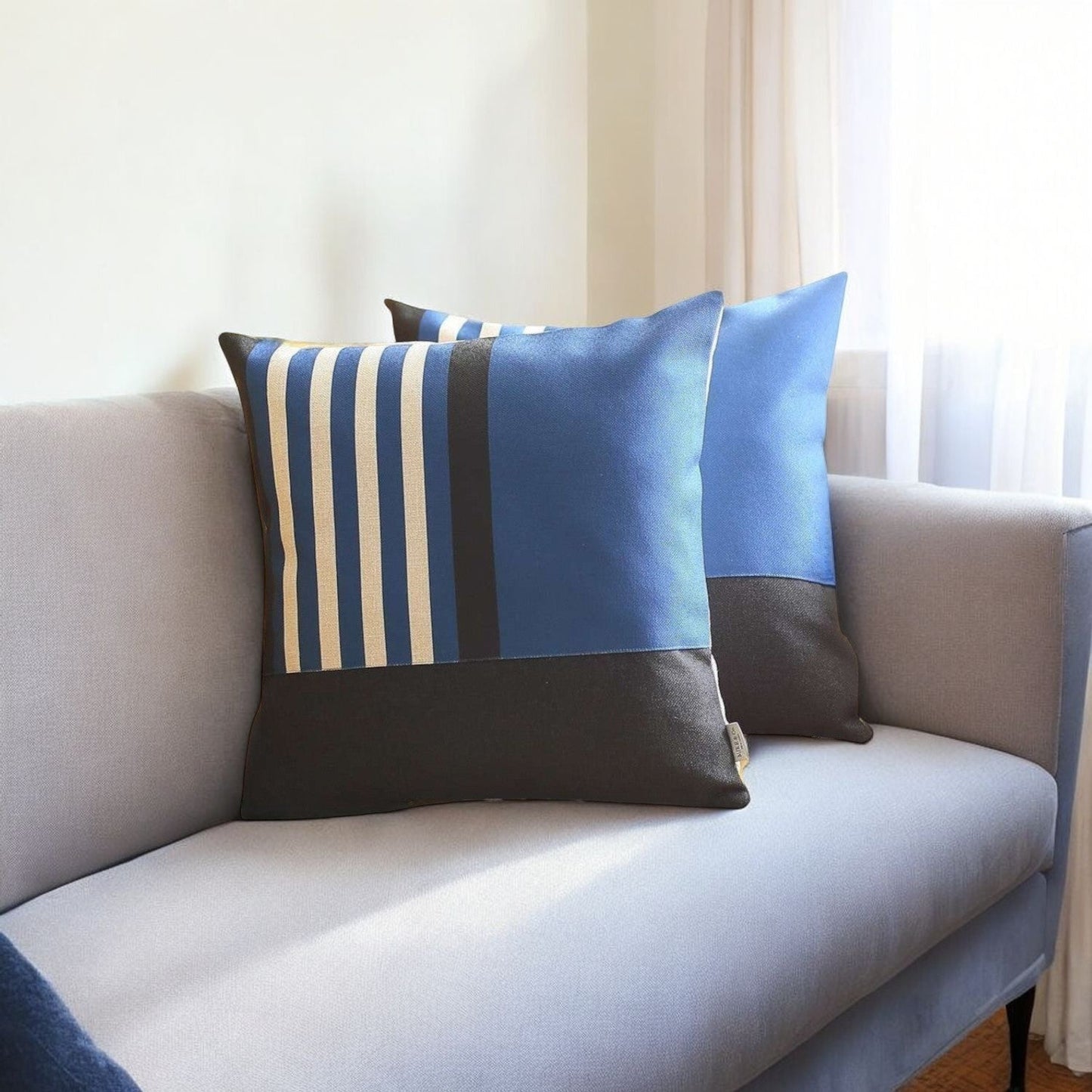 Set Of Two 18 X 18 Black And Blue Polyester Throw Pillow Cover